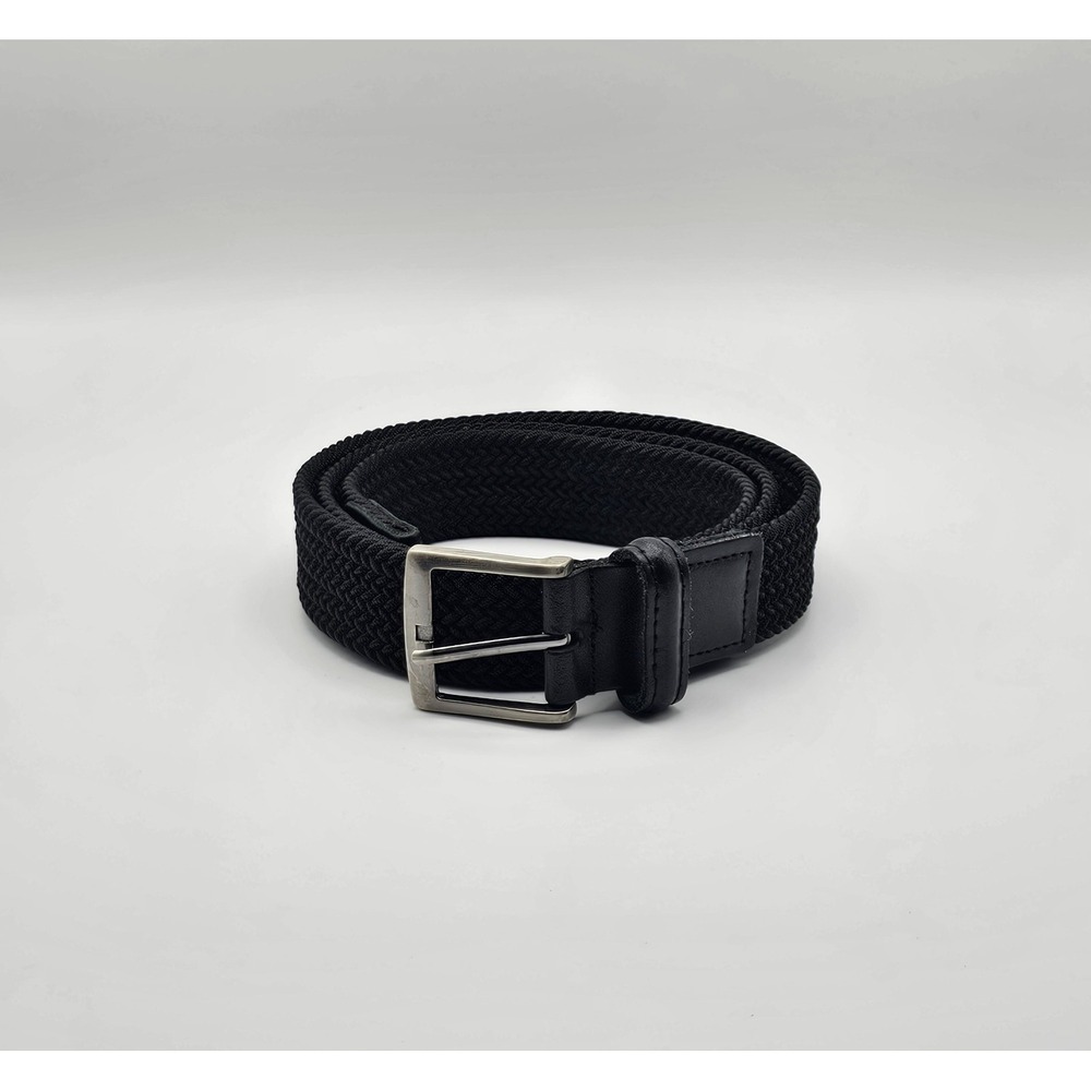 Black Stretchy Web Belt Men's Size 42 Dominican Republic Silver Tone Buckle